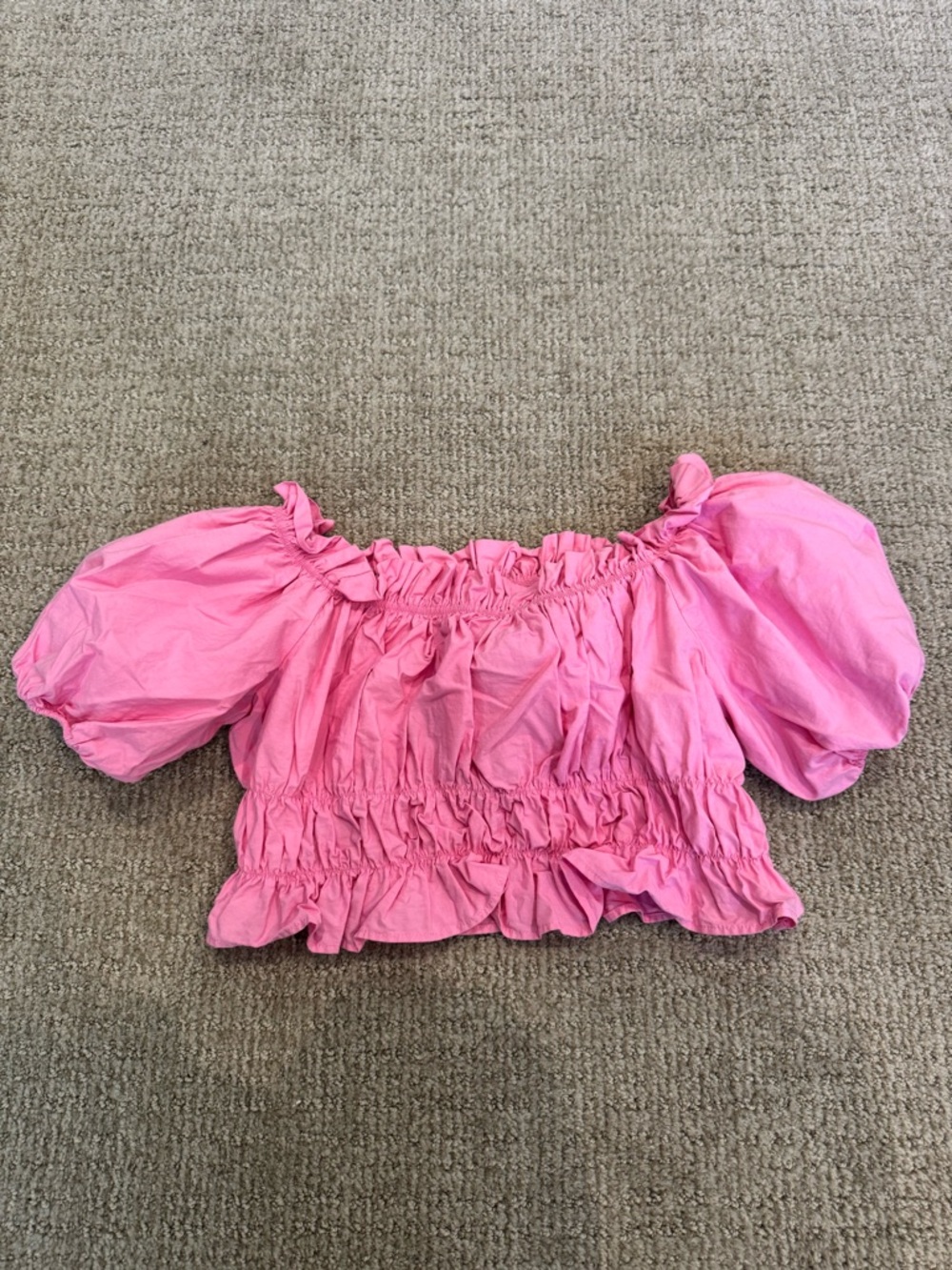 Zara Pink Puff-Sleeve Smocked Off-Shoulder Top